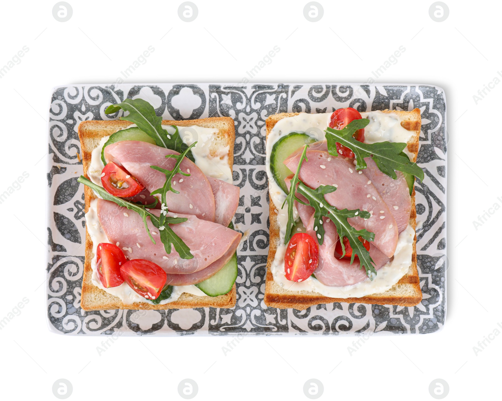 Photo of Tasty sandwiches with ham isolated on white, top view