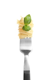 Fork with delicious pasta on white background