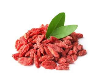 Pile of dried goji berries and leaves on white background