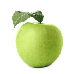 Photo of Ripe juicy green apple with leaf on white background