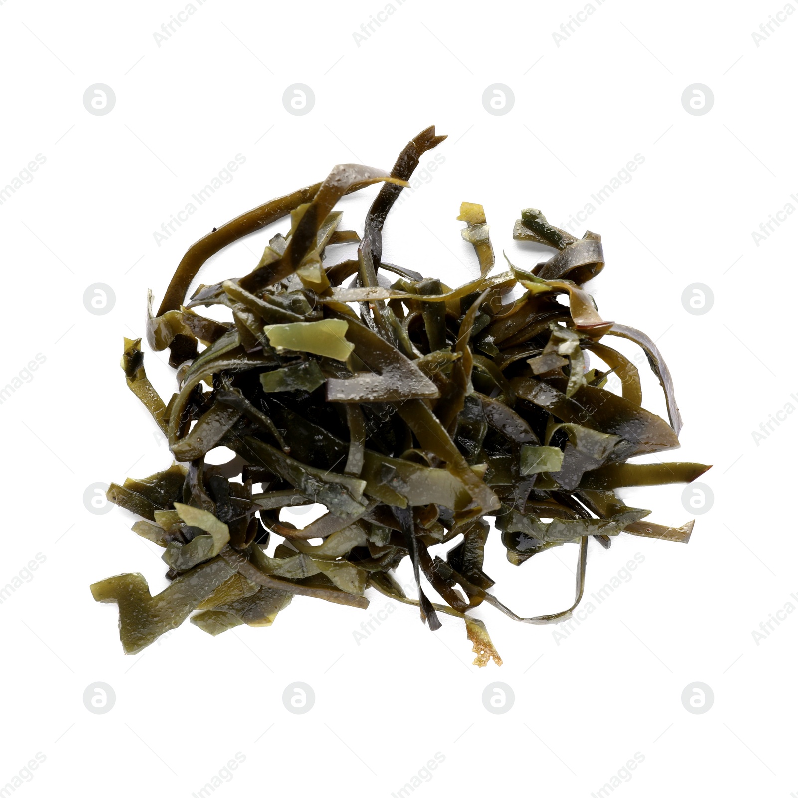 Photo of Fresh laminaria (kelp) seaweed isolated on white, top view