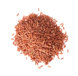 Photo of Uncooked brown rice on white background, top view