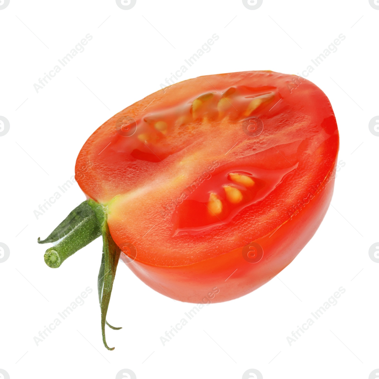 Photo of Half of ripe cherry tomato isolated on white