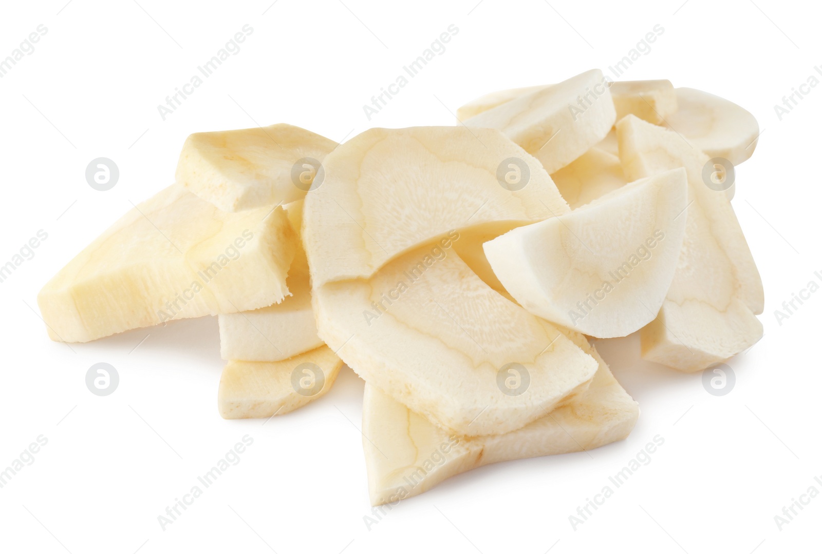 Photo of Tasty cut fresh ripe parsnip on white background