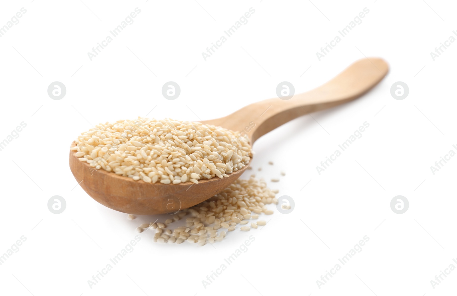 Photo of Wooden spoon with sesame seeds on white background