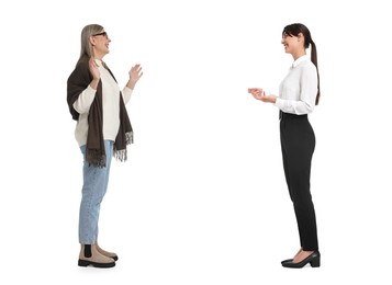 Two women talking on white background. Dialogue