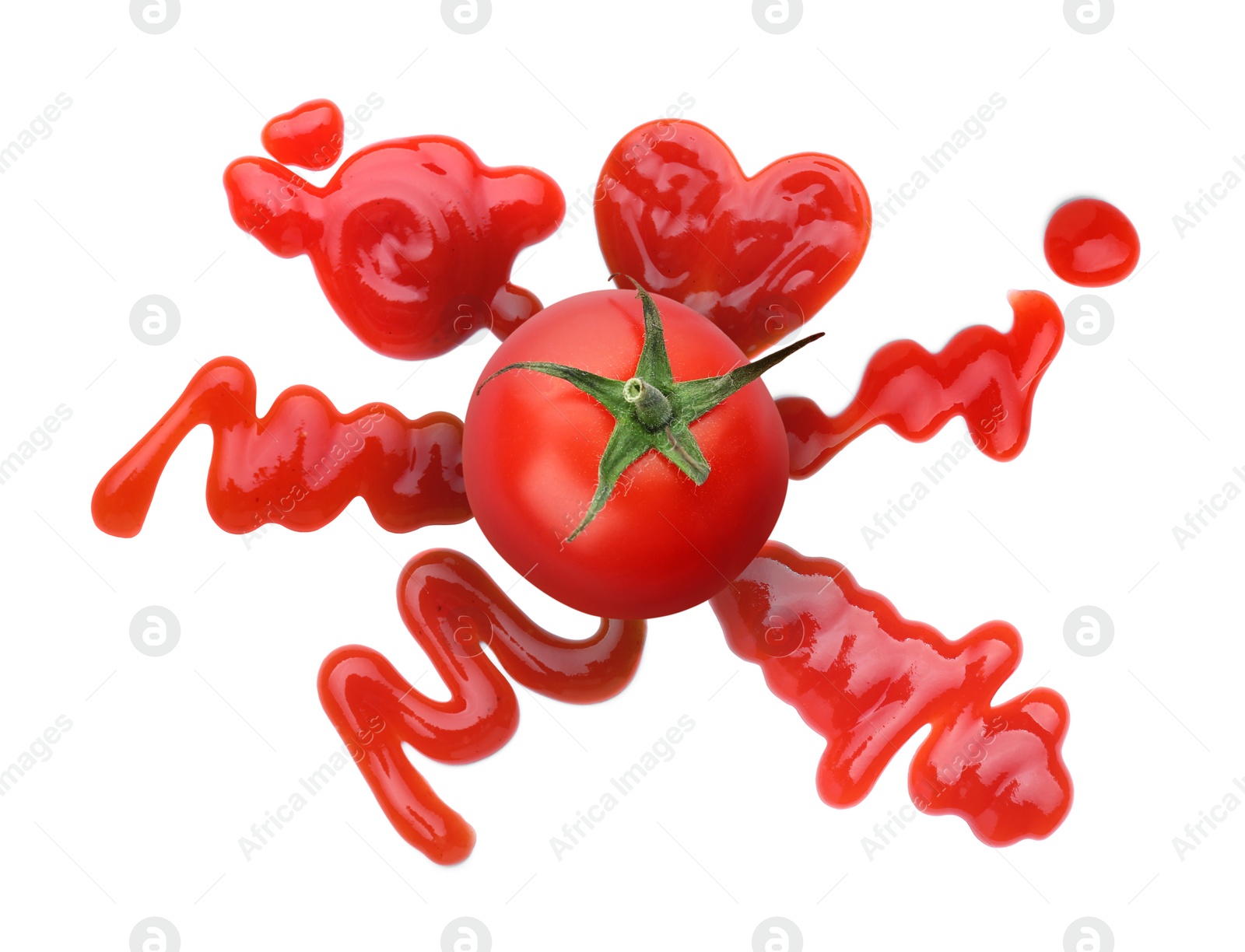 Image of Organic ketchup and fresh tomato on white background, top view