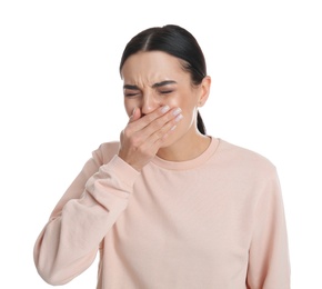 Photo of Woman suffering from nausea on white background. Food poisoning