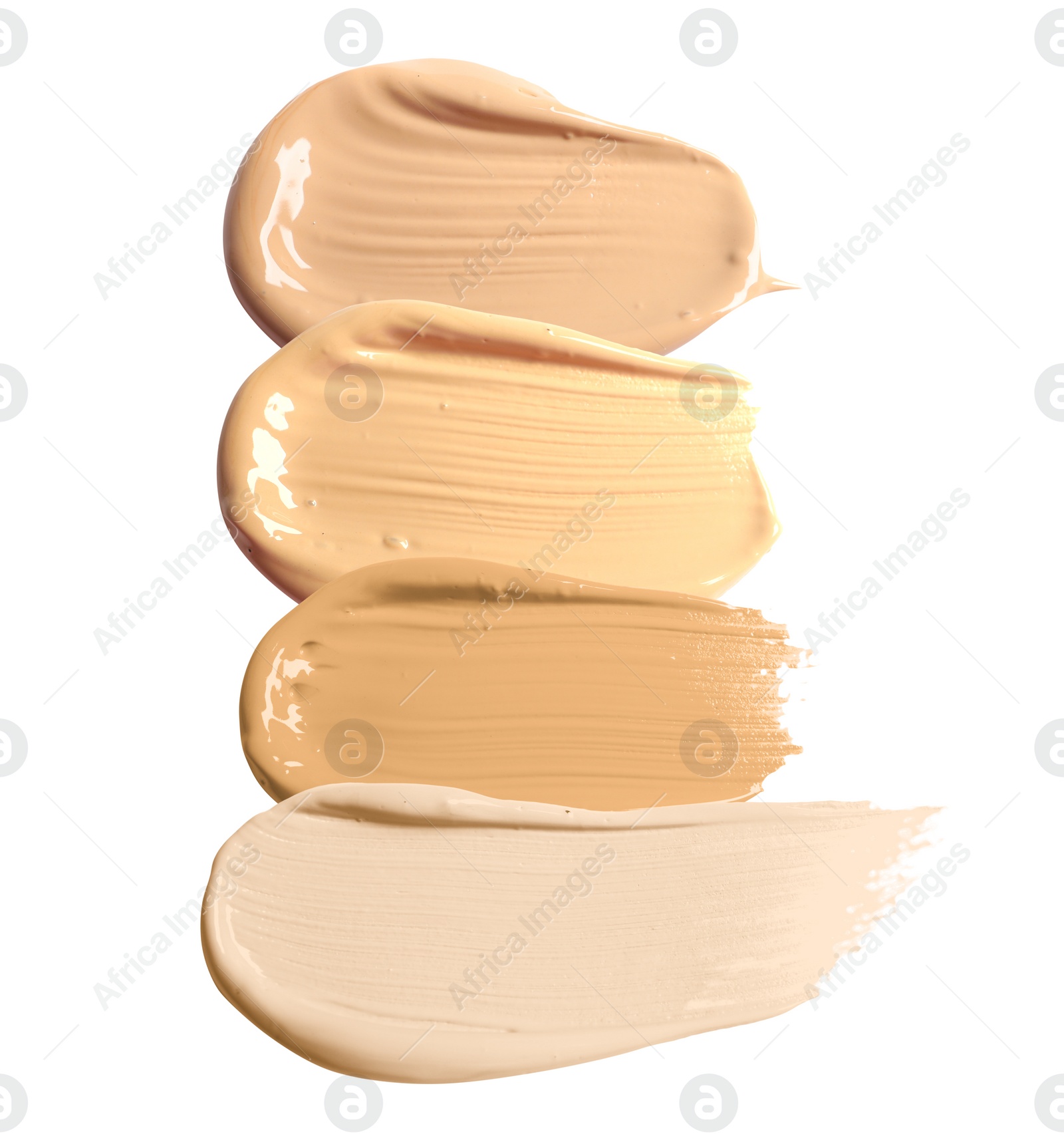 Image of Foundation of various shades for different skin tones isolated on white, top view. Set of samples