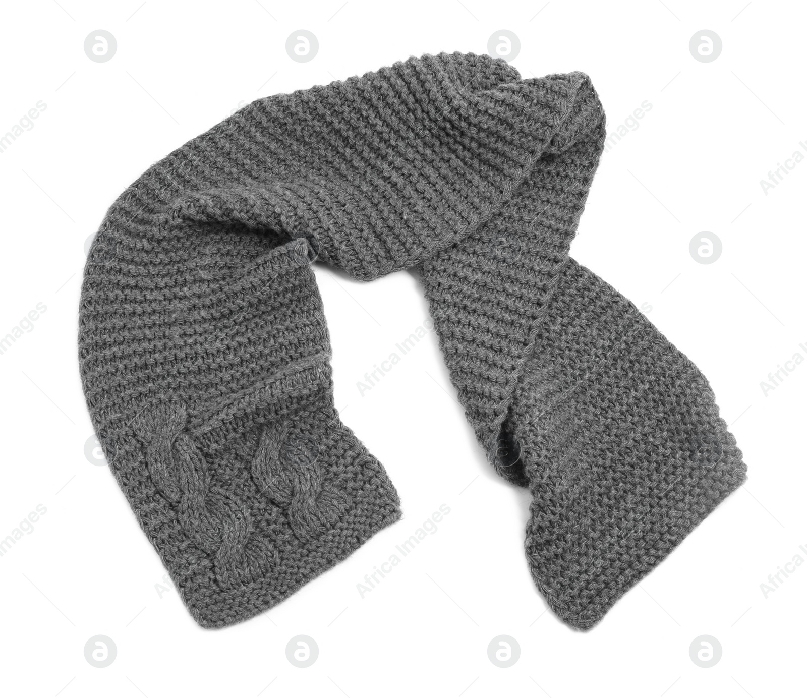 Photo of One grey knitted scarf on white background, top view