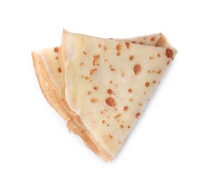 Photo of Delicious folded crepe isolated on white, top view