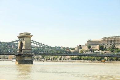 BUDAPEST, HUNGARY - JUNE 18, 2019: Beautiful view with  Danube river, Szechenyi Chain Bridge and Buda Castle