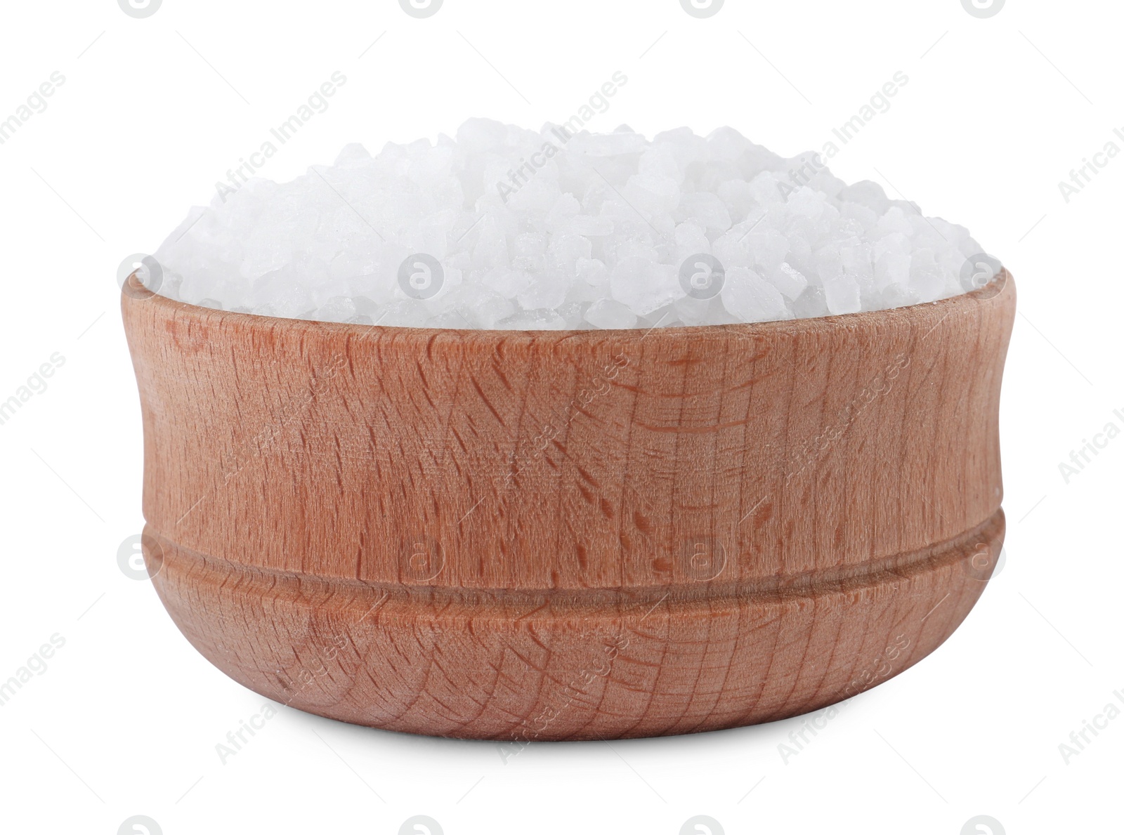 Photo of Wooden bowl with natural sea salt isolated on white