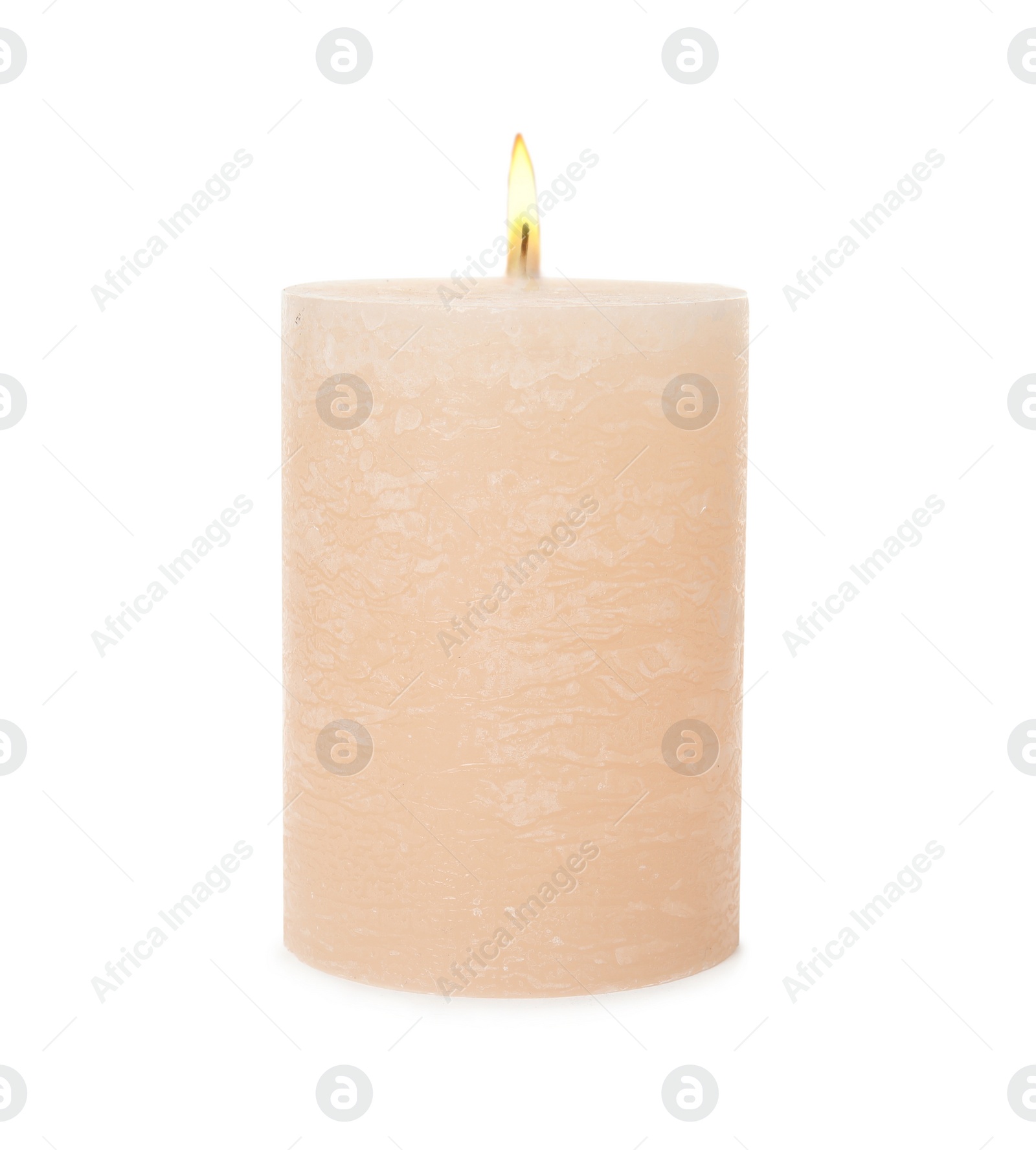 Photo of One alight wax candle on white background