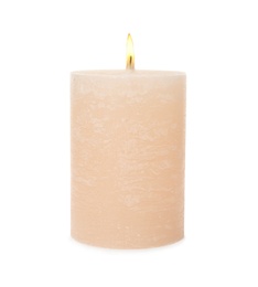 Photo of One alight wax candle on white background