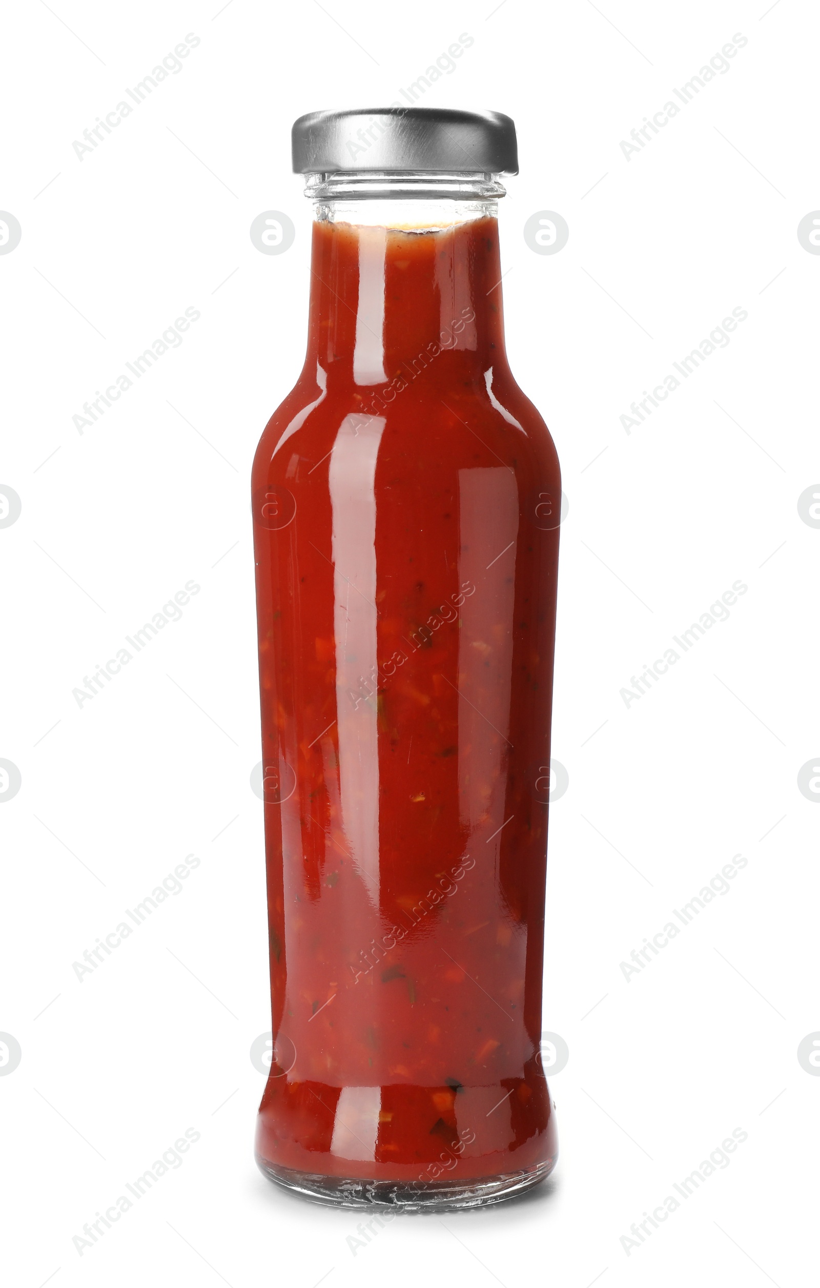 Photo of Bottle with spicy chili sauce on white background