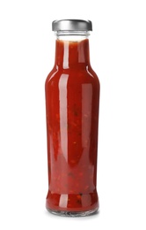 Photo of Bottle with spicy chili sauce on white background