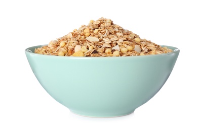 Photo of Bowl with fresh muesli on white background