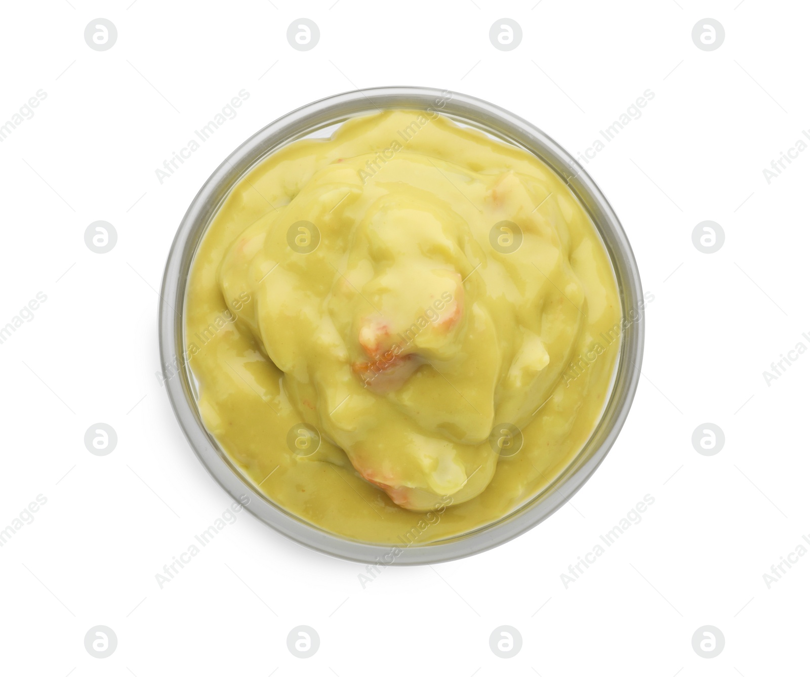 Photo of Delicious guacamole sauce in bowl isolated on white, top view