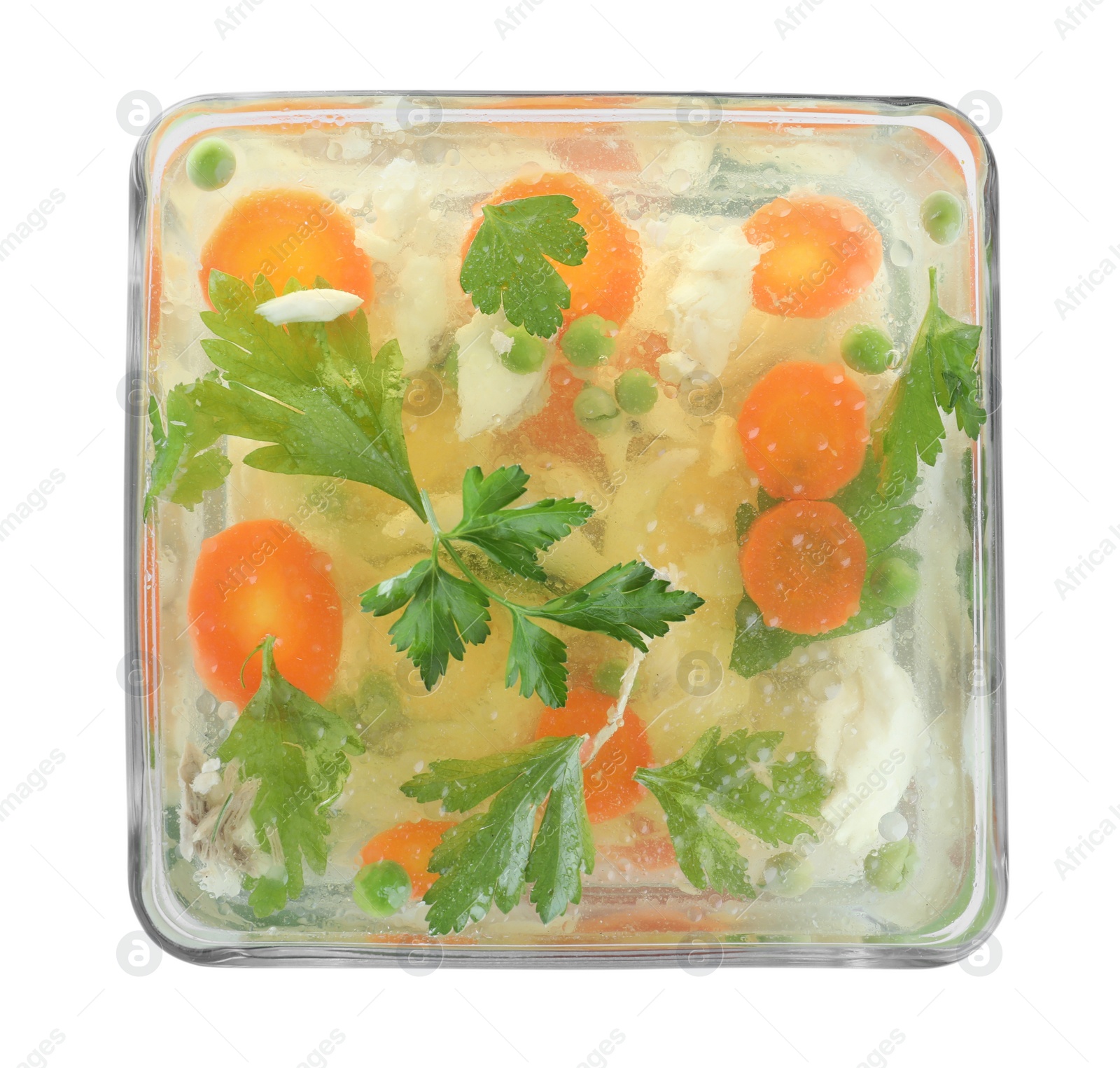 Photo of Delicious fish aspic in glass bowl isolated on white, top view