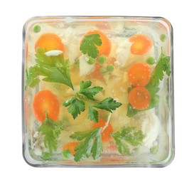 Delicious fish aspic in glass bowl isolated on white, top view