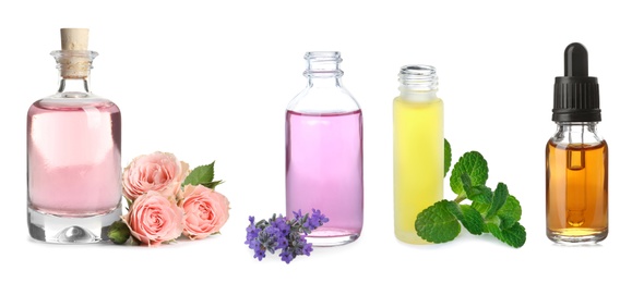 Image of Set of different essential oils for aromatherapy on white background, banner design