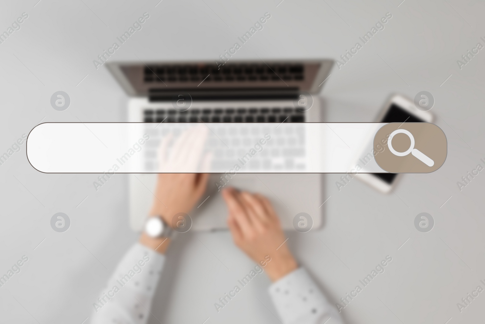 Image of Search bar of internet browser and woman using modern laptop at table, top view