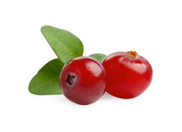 Photo of Fresh ripe cranberries with leaves isolated on white