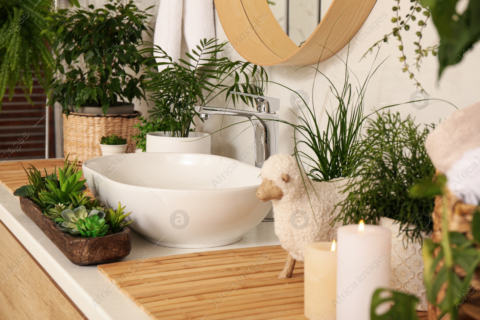 Photo of Counter with sink and many different houseplants near white marble wall