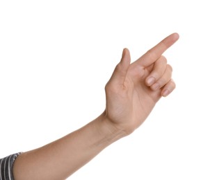 Photo of Woman pointing at something on white background, closeup