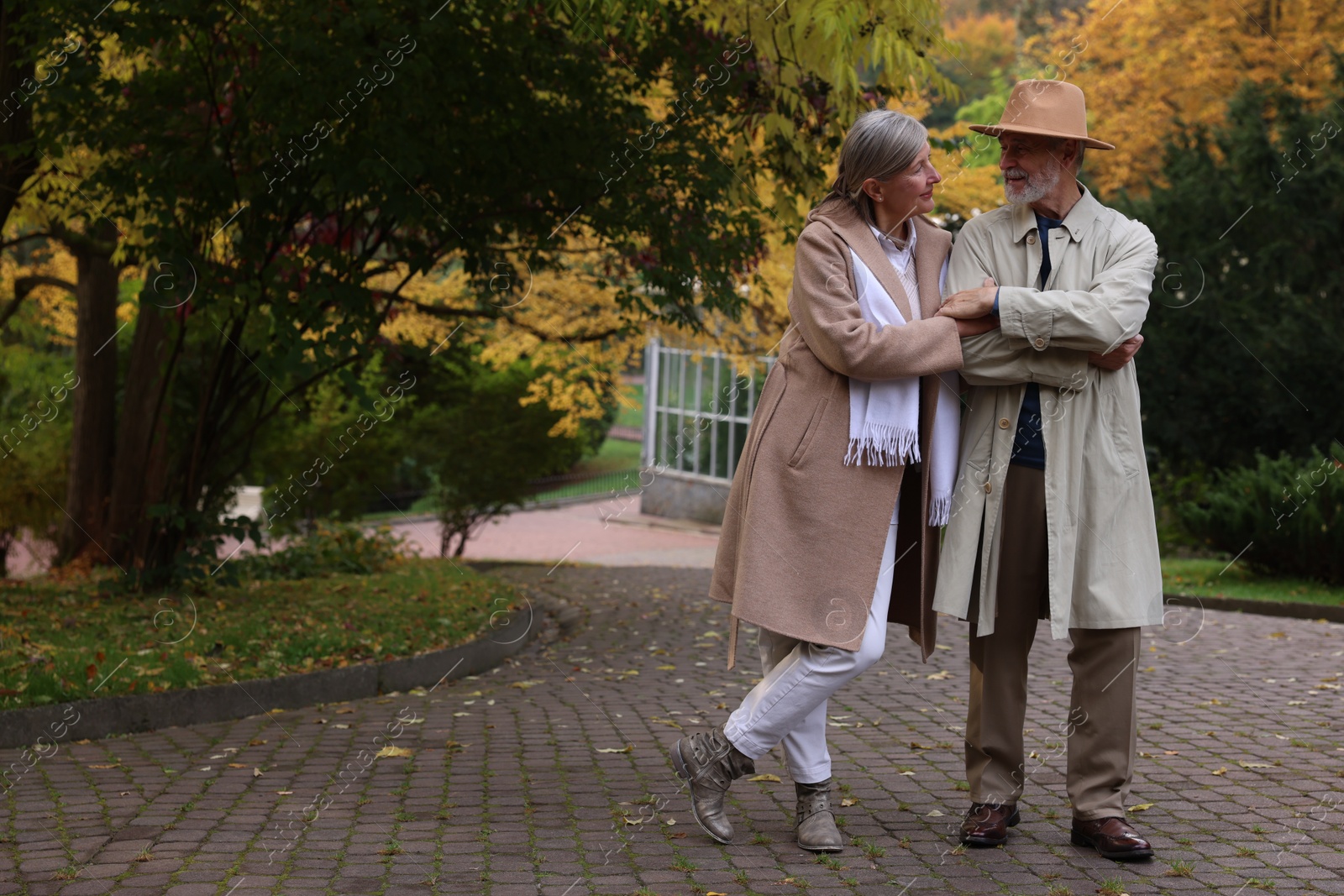 Photo of Affectionate senior couple in autumn park, space for text