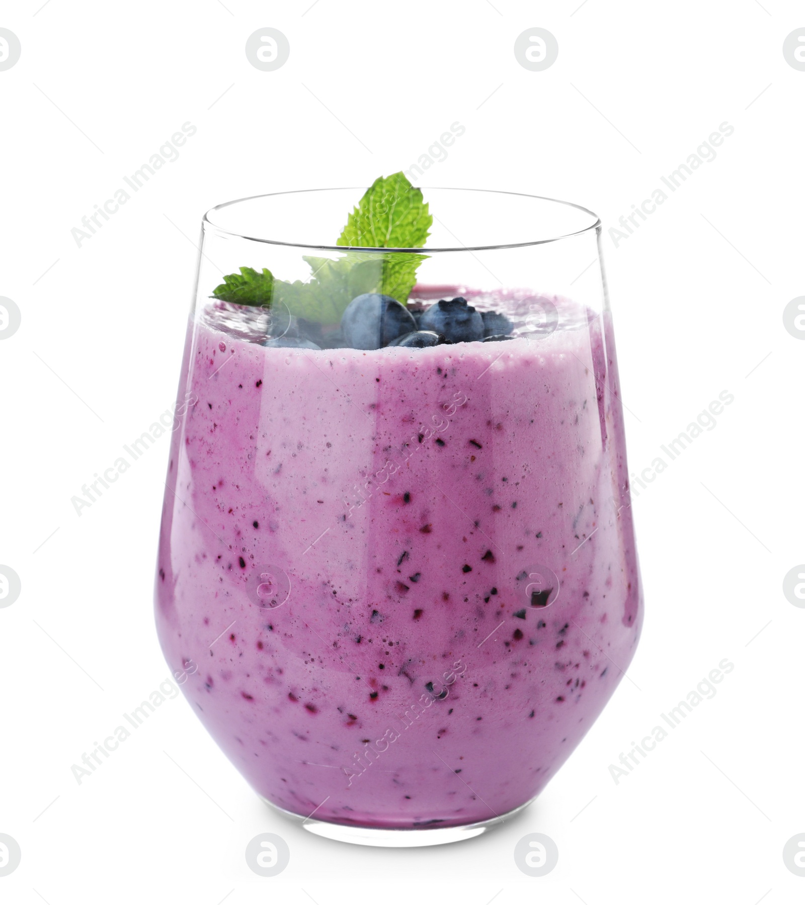 Photo of Glass of tasty blueberry smoothie with mint on white background