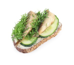 Photo of Delicious sandwich with smoked sprats, cucumber and dill isolated on white, above view