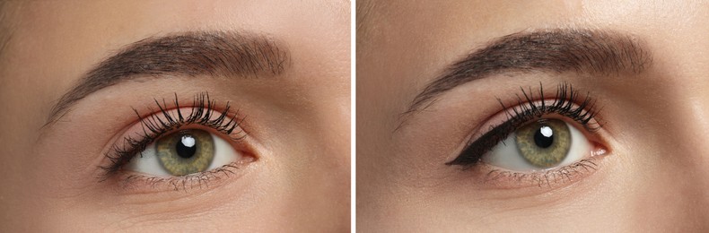 Image of Collage with photos of young woman before and after getting permanent eyeliner makeup, closeup. Banner design