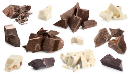 Image of Set with delicious chocolate chunks on white background