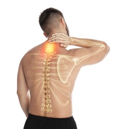 Image of Man having neck pain on white background. Digital compositing with illustration of spine 