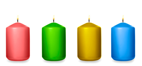 Set of burning color candles on white background. Banner design