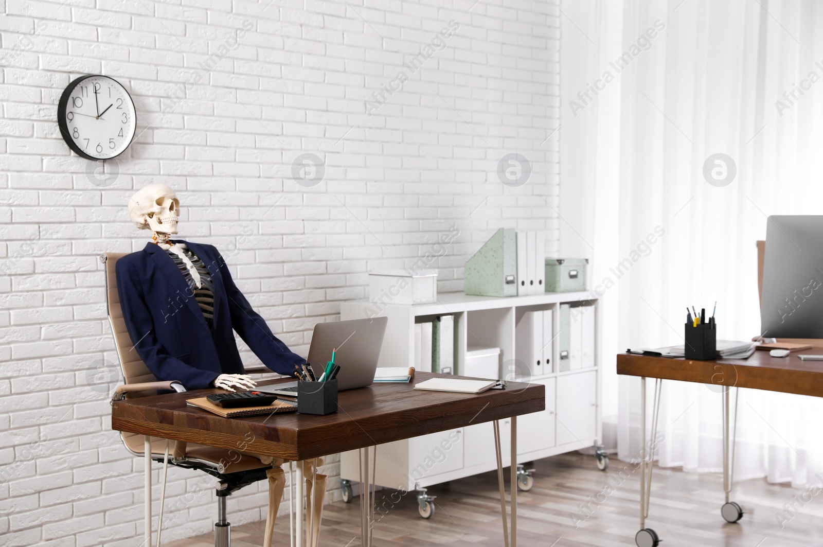 Photo of Human skeleton in suit using laptop at table in office