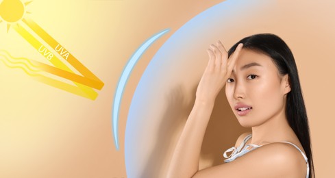 Image of Sun protection product (sunscreen) as barrier against UVA and UVB, banner design. Beautiful young woman on beige background