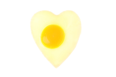 Heart shaped fried egg isolated on white, top view