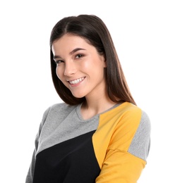 Photo of Beautiful young woman in stylish clothes on white background