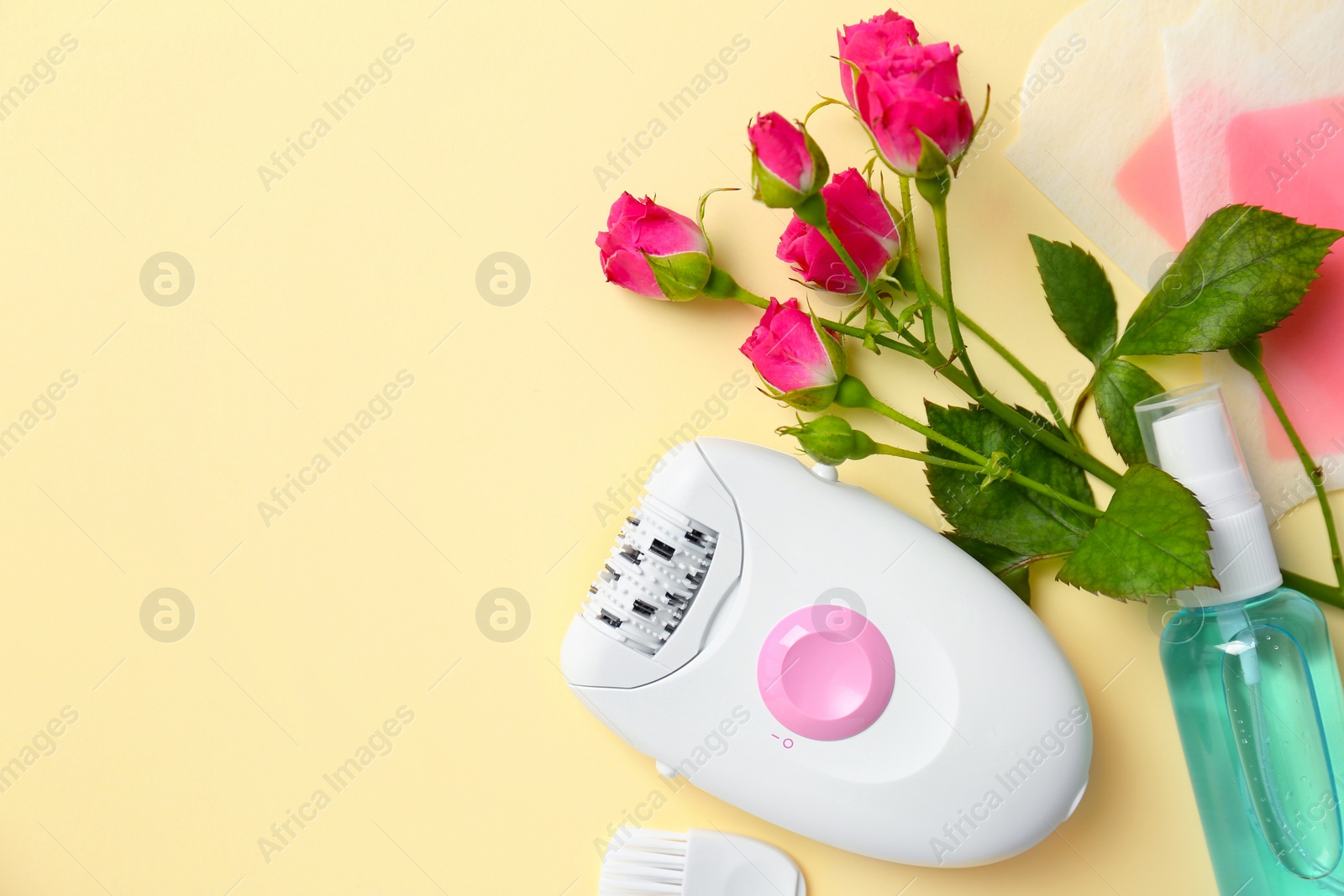 Photo of Set for epilation on color background, flat lay