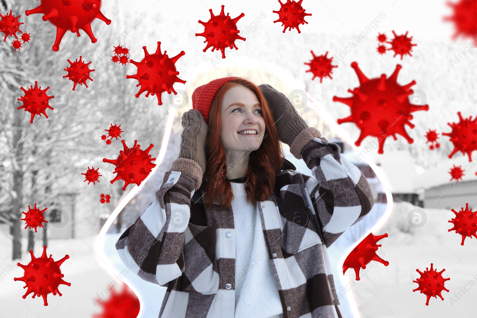 Image of Happy woman walking outdoors in winter. Outline around her symbolizing strong immunity blocking viruses, illustration