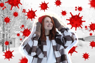Image of Happy woman walking outdoors in winter. Outline around her symbolizing strong immunity blocking viruses, illustration