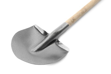 Photo of One new shovel with wooden handle isolated on white. Gardening tool