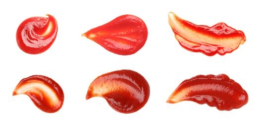 Set of tasty ketchup on white background, top view. Tomato sauce