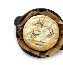 Photo of Tasty baked brie cheese with rosemary isolated on white, top view