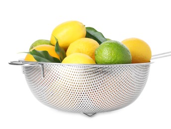 Photo of Metal colander with citrus fruits isolated on white