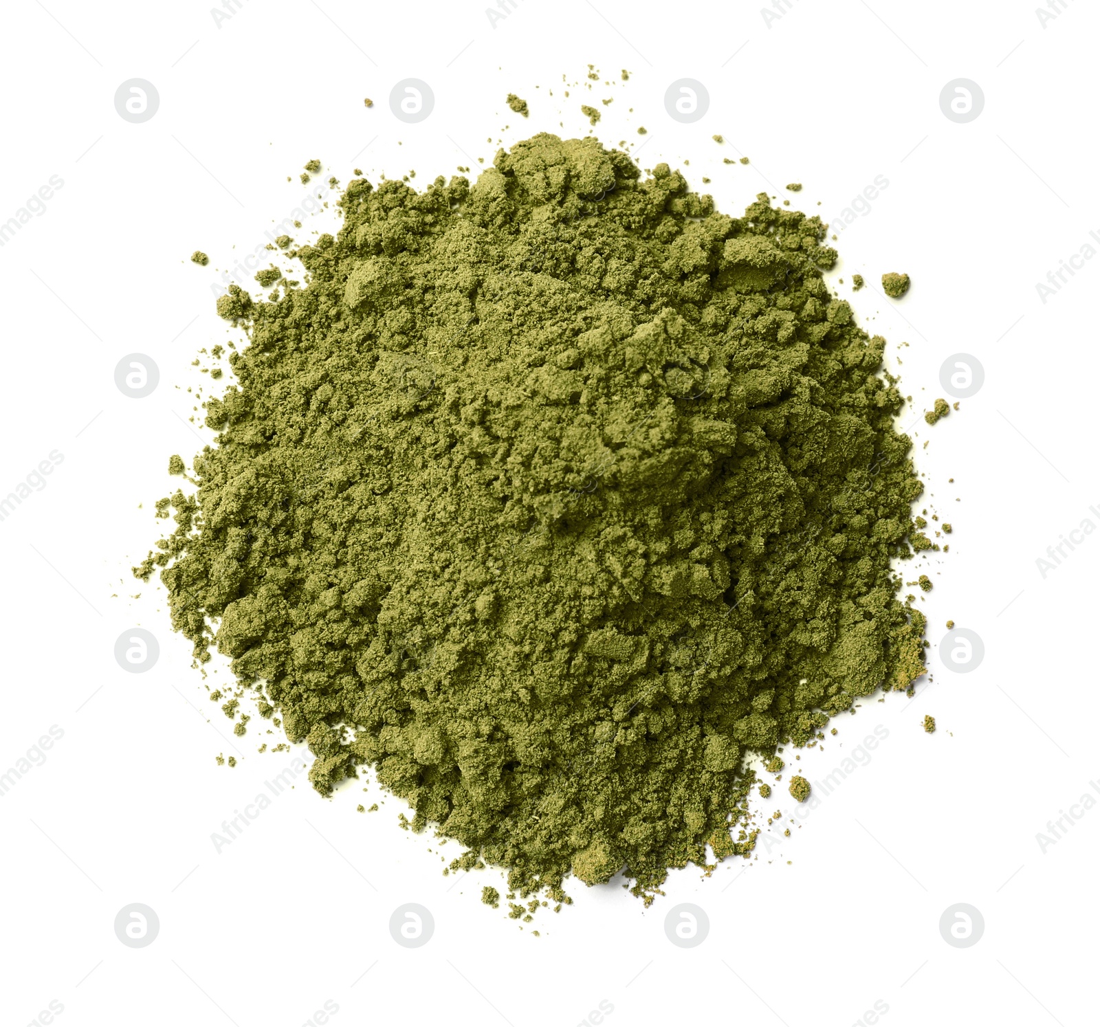 Photo of Heap of henna powder isolated on white, top view