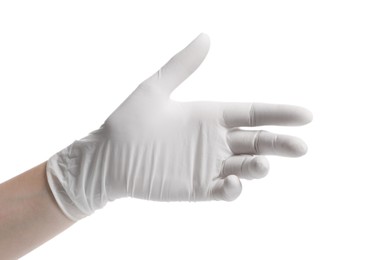 Woman wearing medical glove on white background, closeup